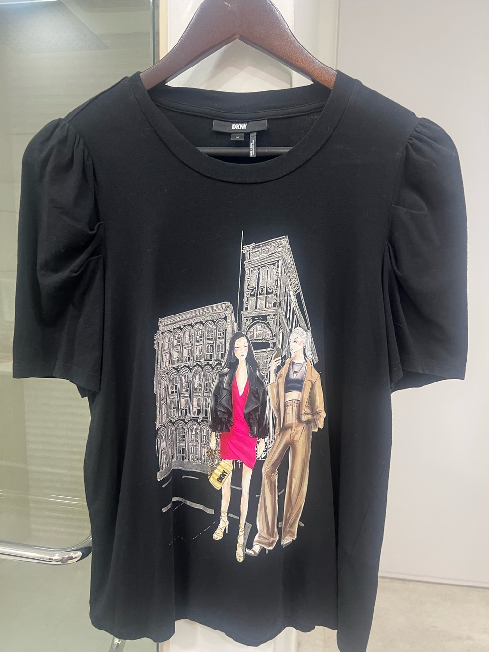 DKNY Black Short-Sleeve Tee with Fashion Illustration and Puff Shoulders